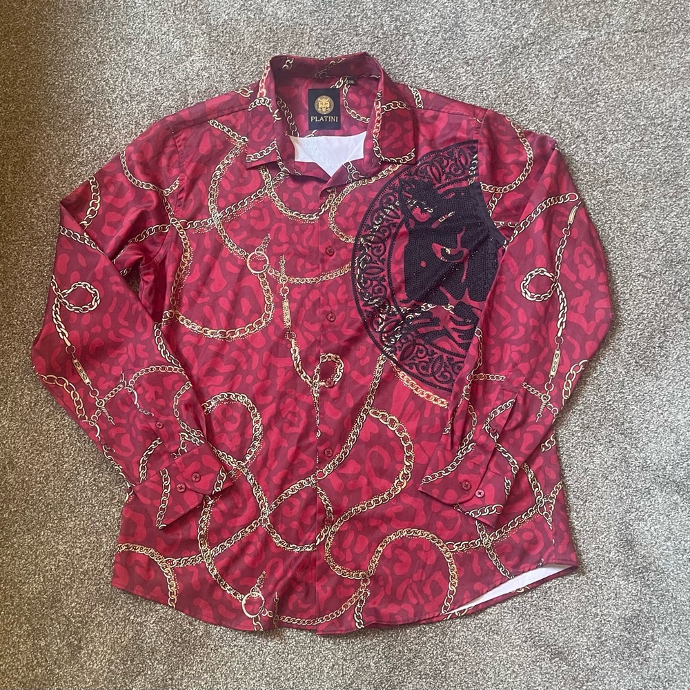 Platini Red, Gold, Black Chain Pattern Men's Shirt Rhinestones XL Gorgeous